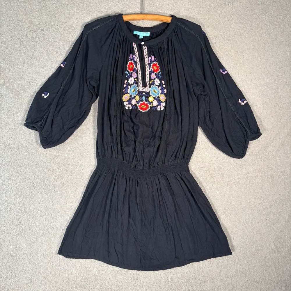 Melissa Odabash Blouson Tunic Dress Size L Black Embroidered Boho Smocked Waist